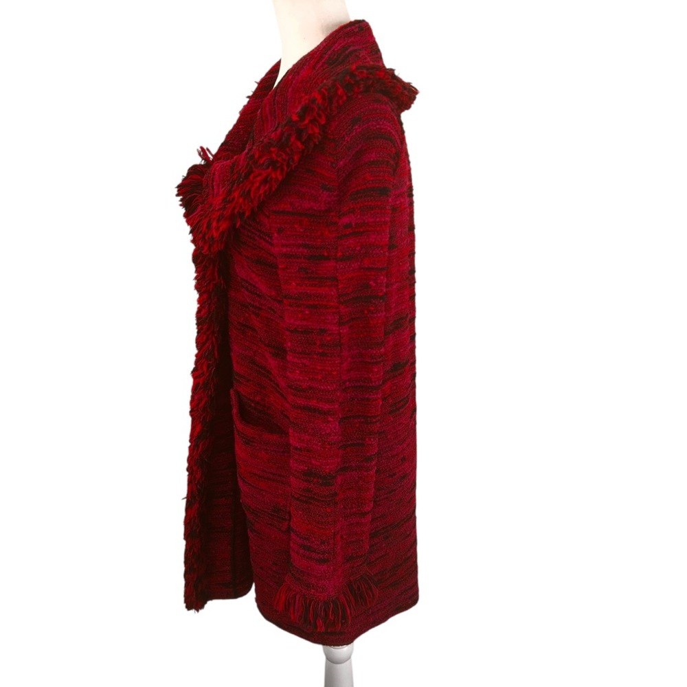 St. John red pink black tweed fringe frayed collar long jacket women’s size 6 - Picture 11 of 16